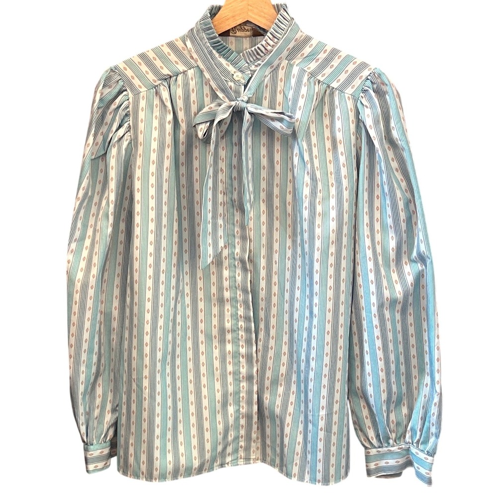 80s Ruggeri Blouse Bow Neck Ruffle Striped Dark Academia Librarian Core